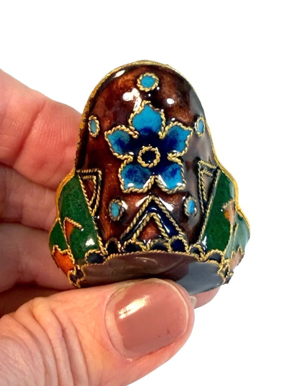 Vintage Cloisonne Green Enamel Frog Trinket Box, Blue Flower on Underside